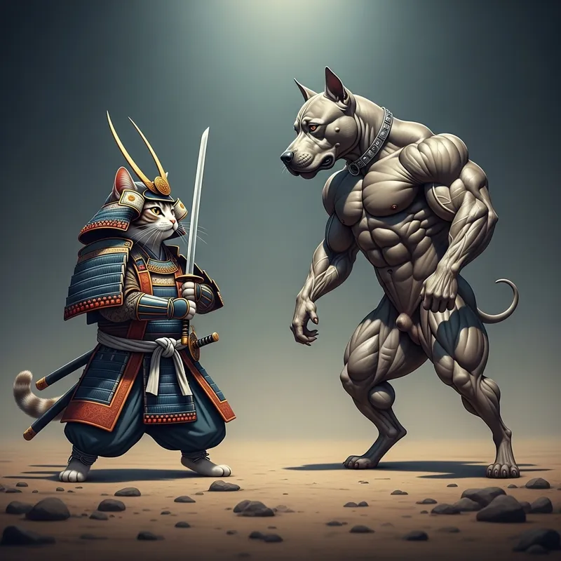 Samurai Cat Battles Muscular Dog