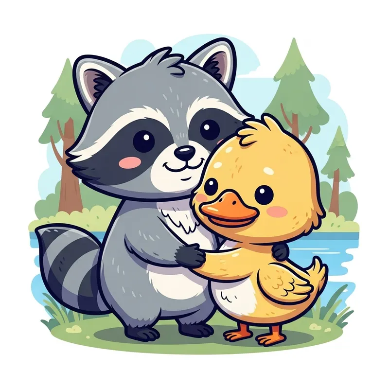 Cute Raccoon and Duck Hugging Kawaii | Sweet Friendship Cartoon