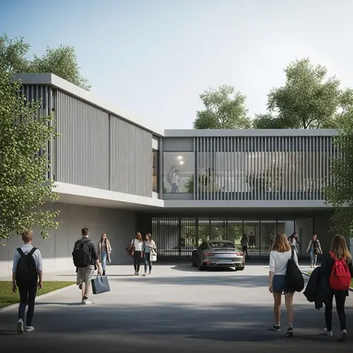 Diverse Teenagers Approaching Minimalist School Building
