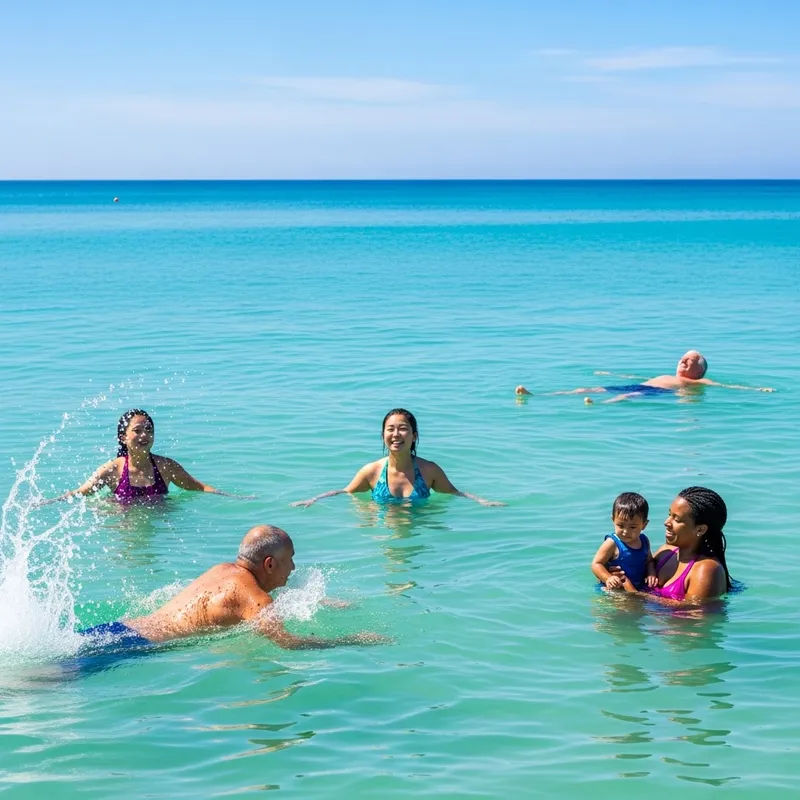 Turquoise Sea with Diverse People Swimming