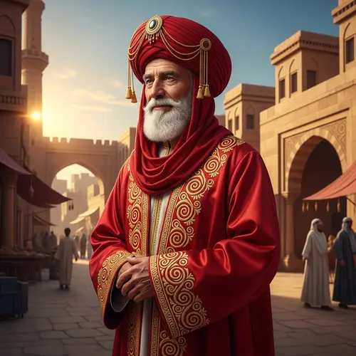 Elderly Middle-Eastern Man in Vibrant Red Robe | Historic City Background