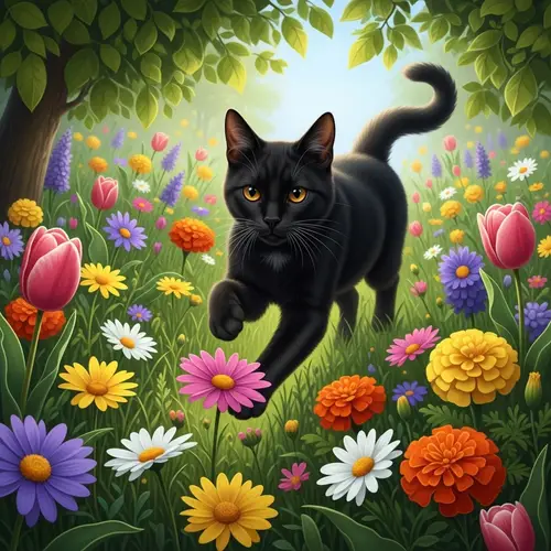 Black Cat Running in a Patch of Flowers