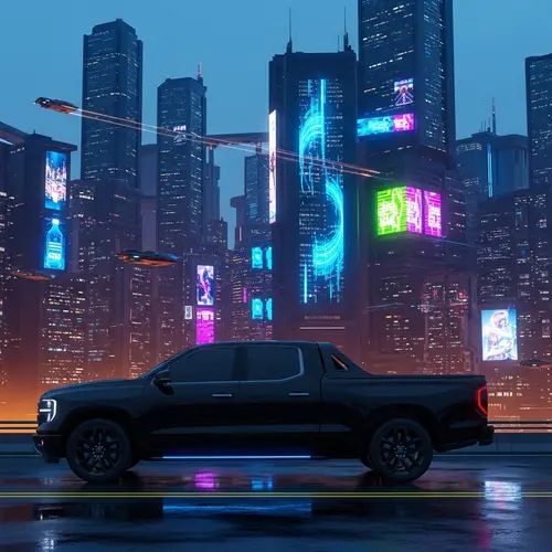 Polarized Black Pickup Truck in Cyberpunk Cityscape