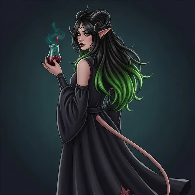 Tiefling Female with Luscious Black Hair and Green Streaks
