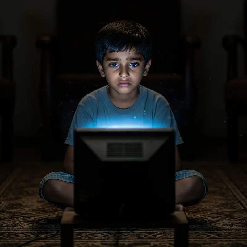 Sad South Asian Boy Engrossed in TV Screen in Dimly-Lit Room