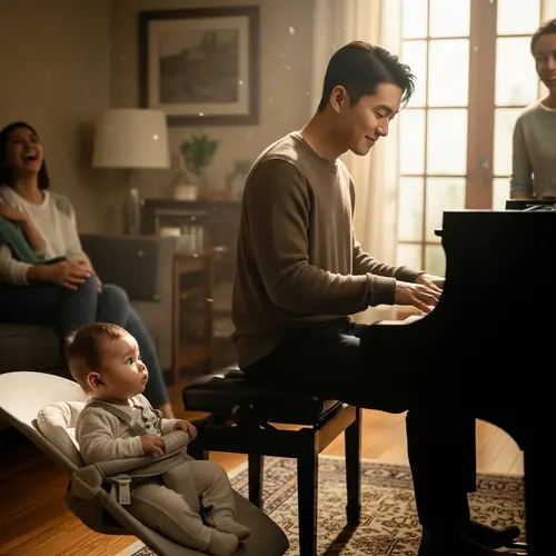 East Asian Male Musician Soothing Baby with Piano Melody