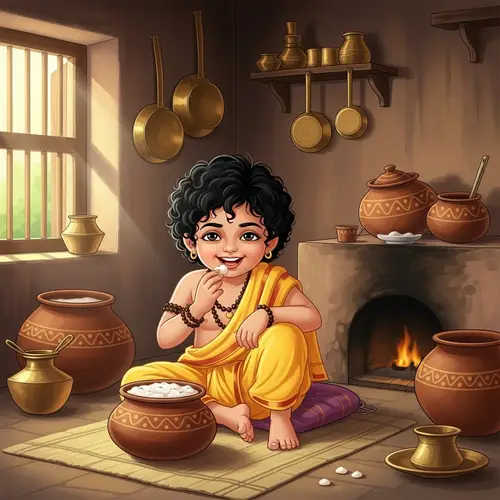 Young South Asian Boy Enjoying Makhan in Traditional Indian Kitchen
