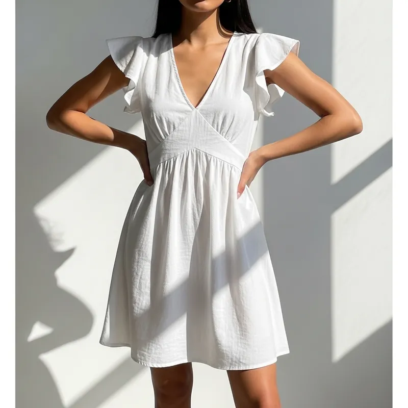 Elegant White Dress with Ruffled Sleeves for Women