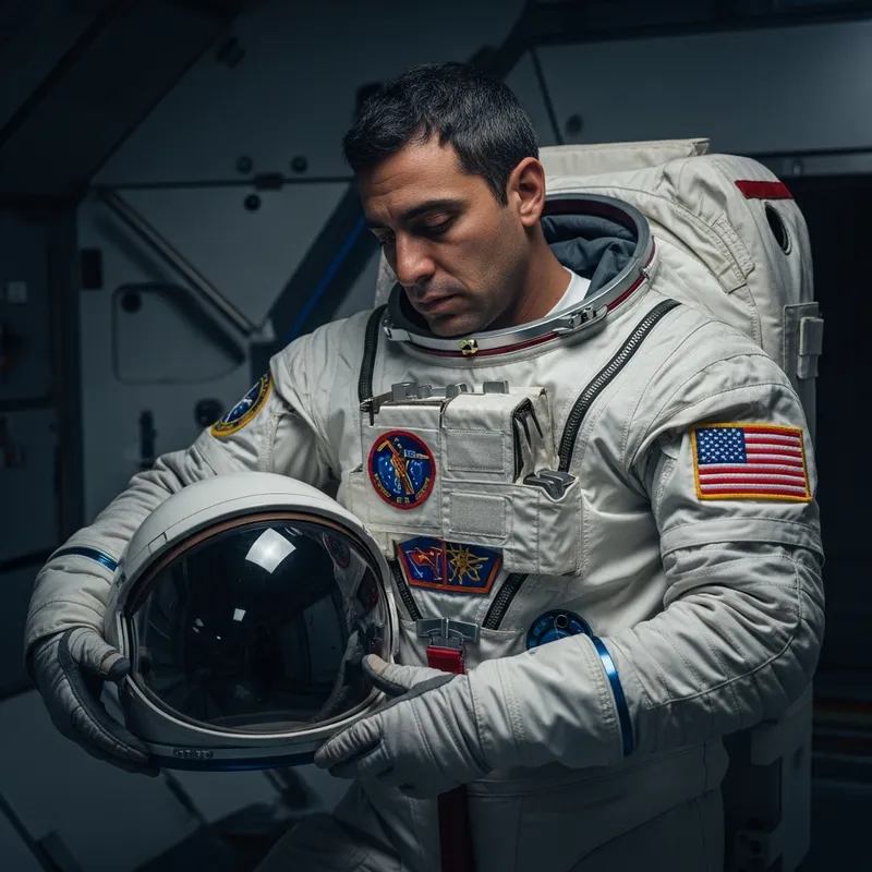 Sad Astronaut Putting on Space Suit - Emotional Moment Sad Astronaut Putting on Space Suit - Emotional Moment