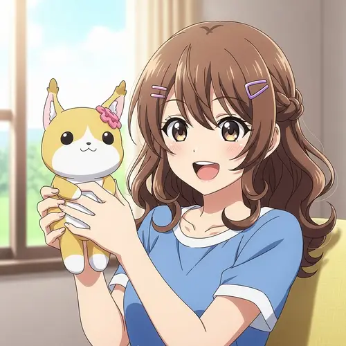 Joyful Anime Girl with New Plushie - Asian Descent