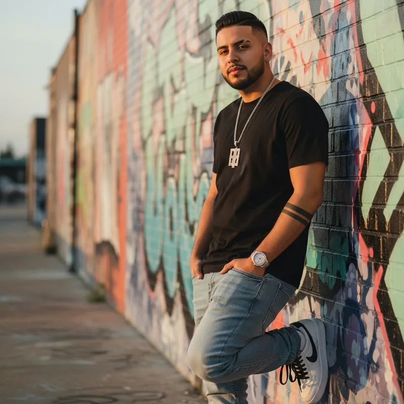 Hispanic Rapper in Black Shirt and Denim Style