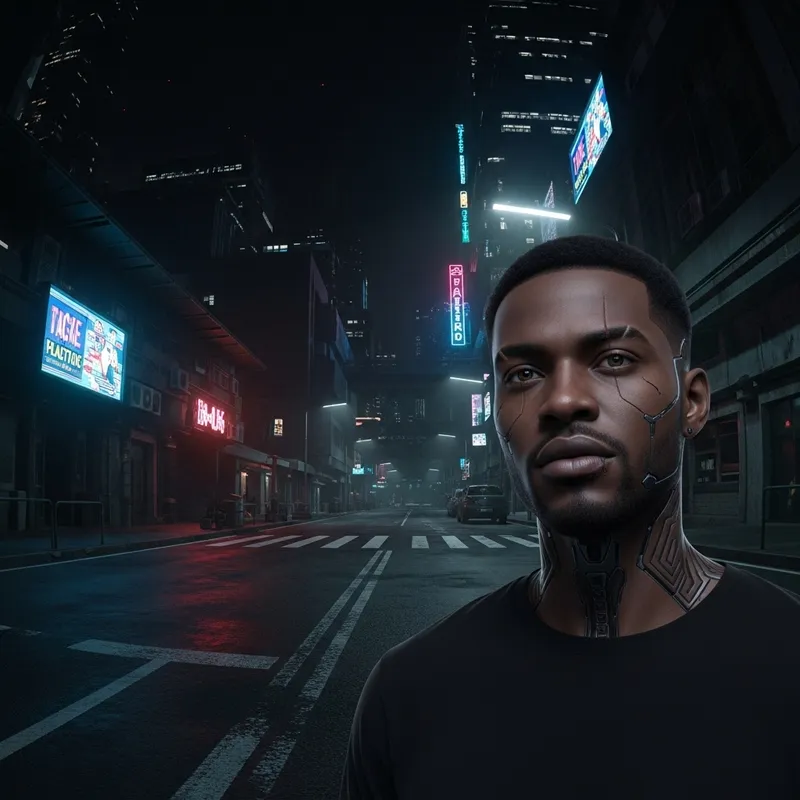 Futuristic Cyberpunk Cityscape with Scarred Cybernetic Man