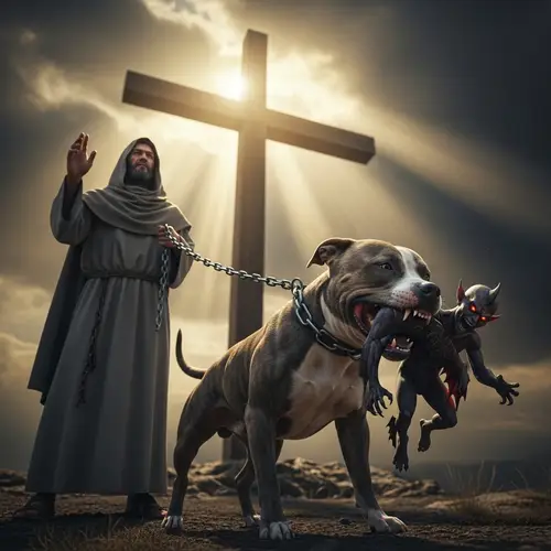 Religious Figure with Pit Bull and Mythical Entity in Mouth