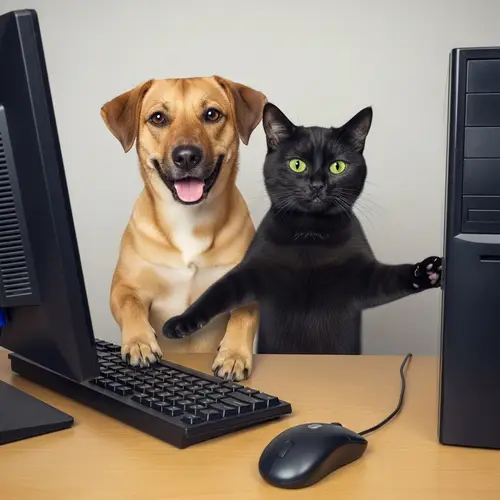 Cat and Dog Fun at Computer - Joyful Scene