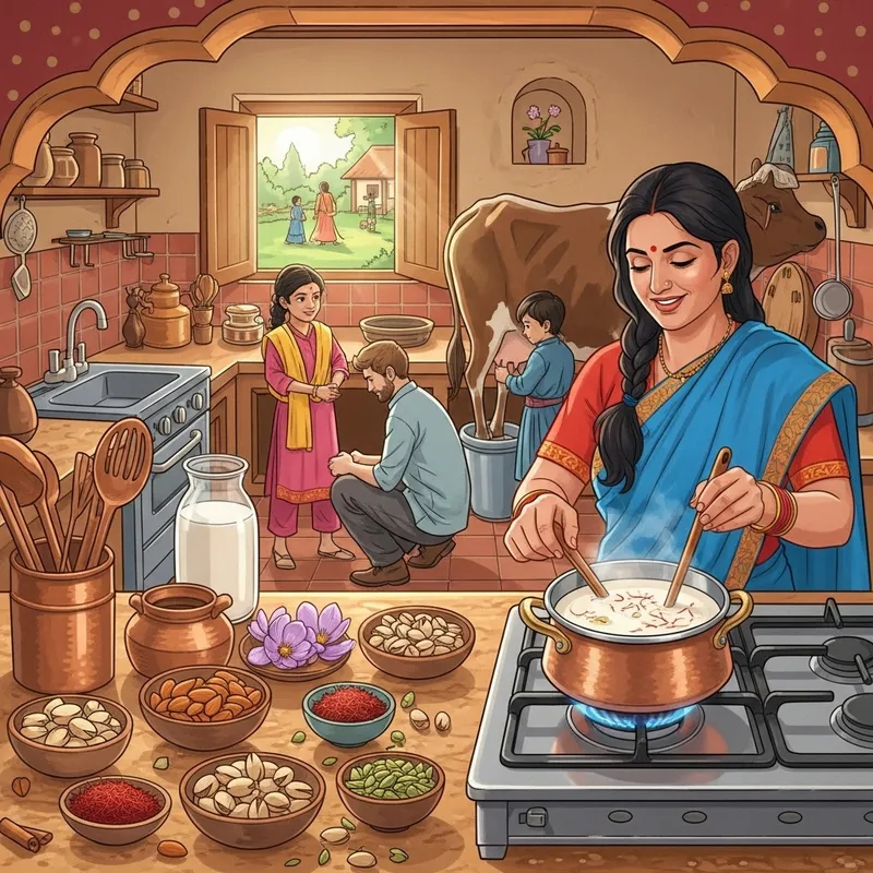 Warm and Inviting Traditional Indian Kitchen Scene with Kids Playing and Cow Milking