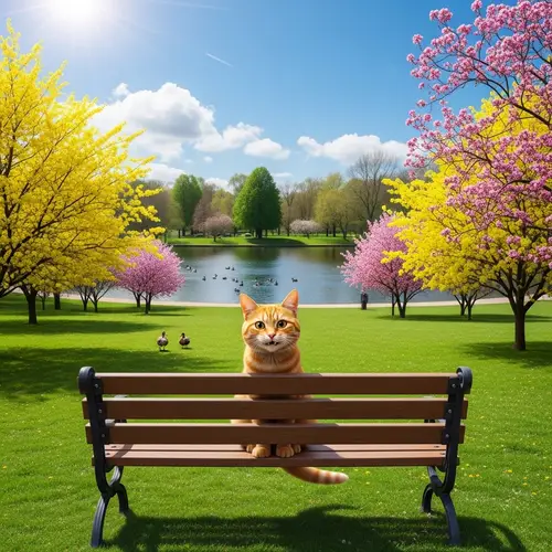 Curious Orange Tabby Cat on Bench in Lush Green Park