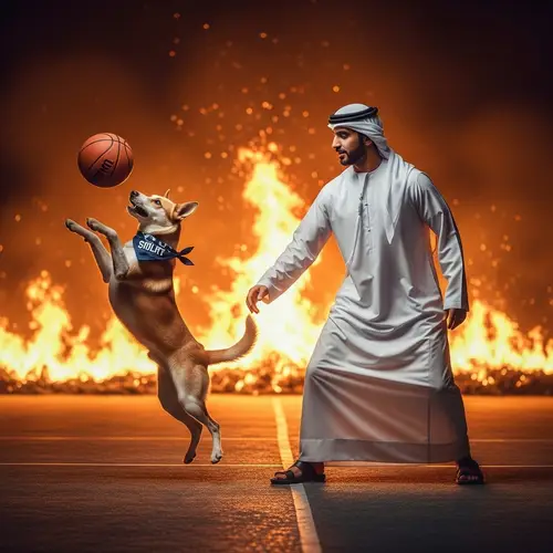 Dog Playing Basketball with Man in Traditional Clothing