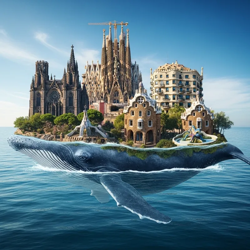 Barcelona Whale Sculpture with Iconic Landmarks