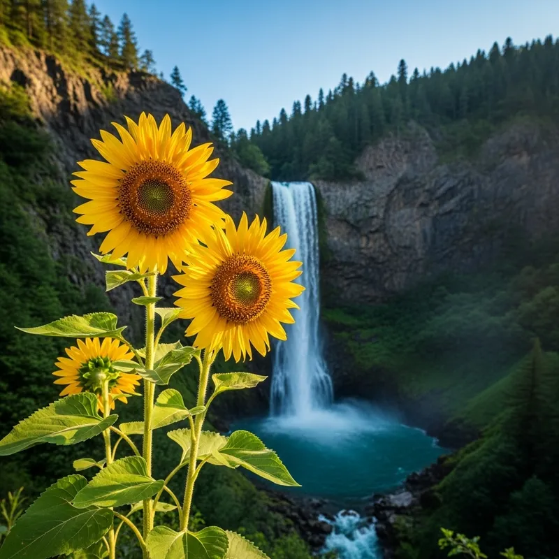 Sunflowers and Scenic Waterfall Landscape