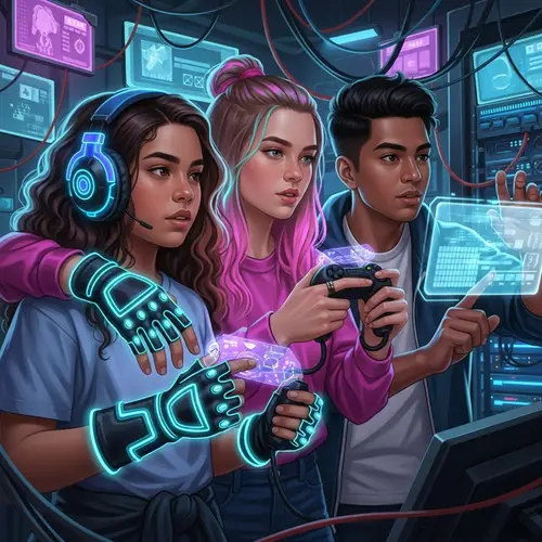 Cyberpunk Gamer Friends: Neon Blue, Pink, Haptic Controls