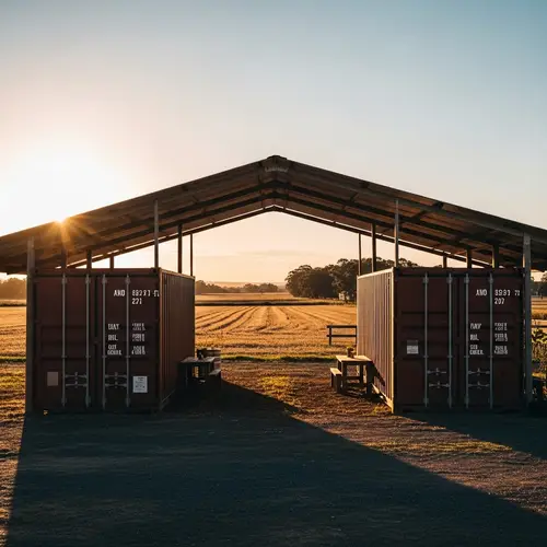 Rustic Shipping Containers in Serene Rural Farm Setting