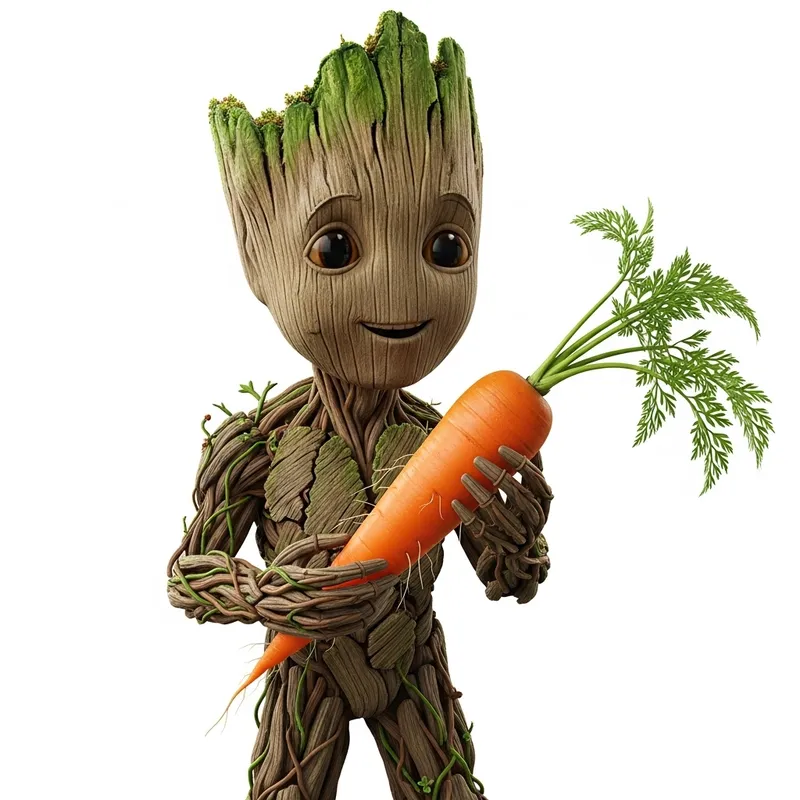 Groot-Inspired Character Holding a Carrot