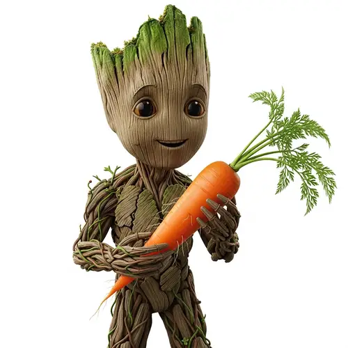 Groot-Inspired Character Holding a Carrot