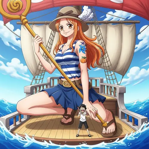 Anime Style Female Explorer with Orange Hair on Pirate Ship