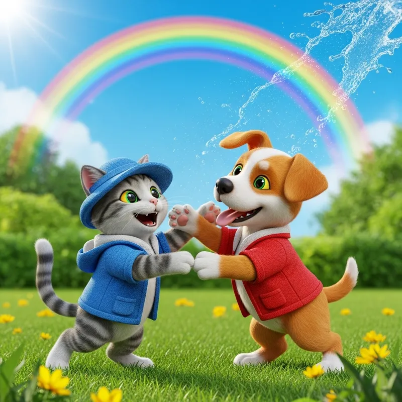 Cat and Dog Playing in a Colorful Garden