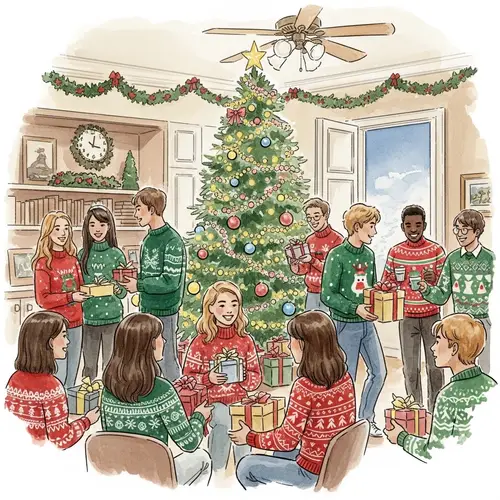 Christmas Party Watercolor Painting of Diverse Students