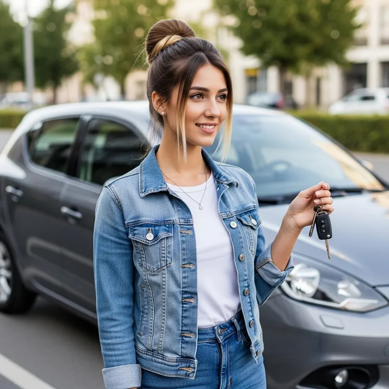 Stylish Young Woman with Balayage Hair, Holding Car