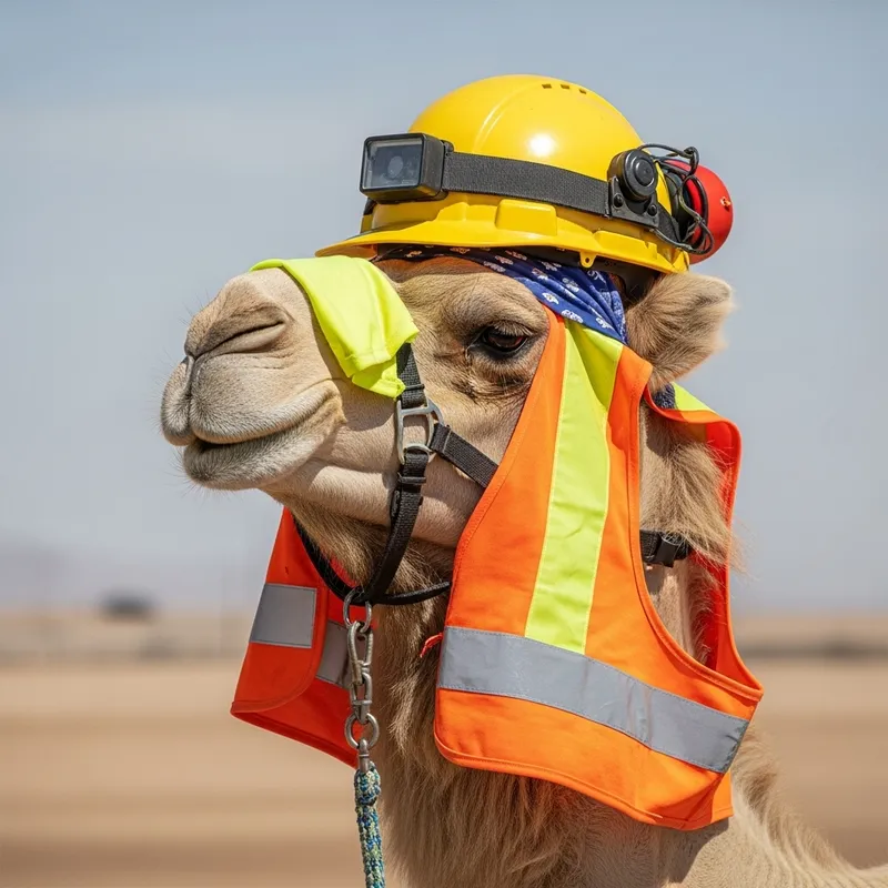Detailed Camel Design: Work Vest & Hard Hat