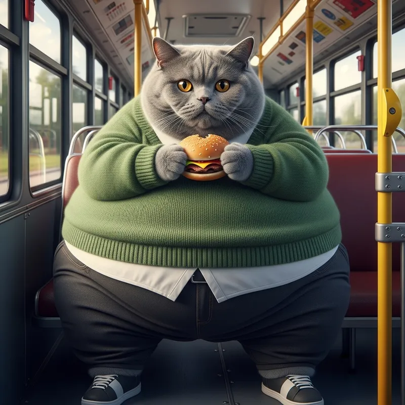 Overweight Grey British Shorthair Cat in Bus Eating Burger