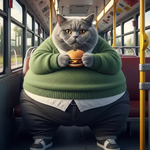 Realistic Grey British Shorthair Cat in Green Sweater Eating Hamburger