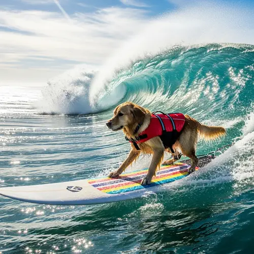 Dog Surfing on Wave: Captivating Scene of Balancing Canine