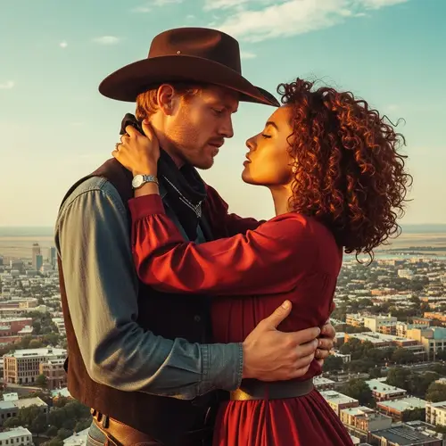 Passionate Cowboy Embracing Auburn Woman in Cityscape