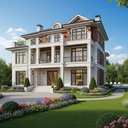 Luxurious Three-Story House with Majestic Columns and Lush Garden