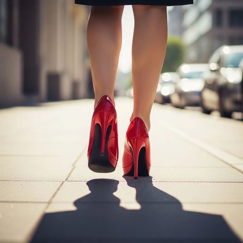 Glossy Red High Heel Shoes Striding Independently