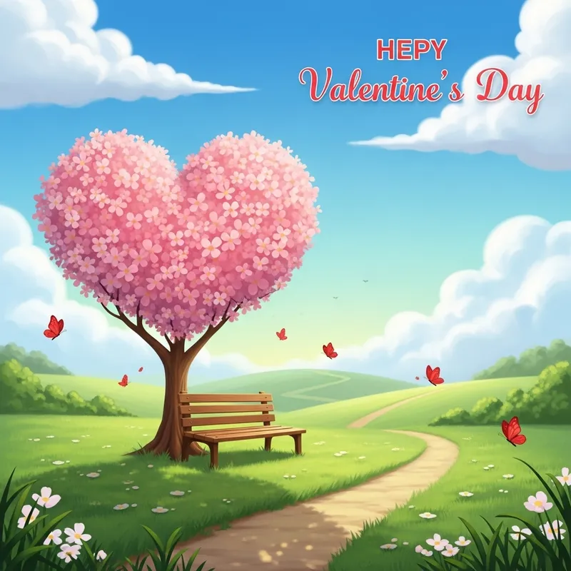 Whimsical Valentine's Day Illustration with Heart-shaped Tree