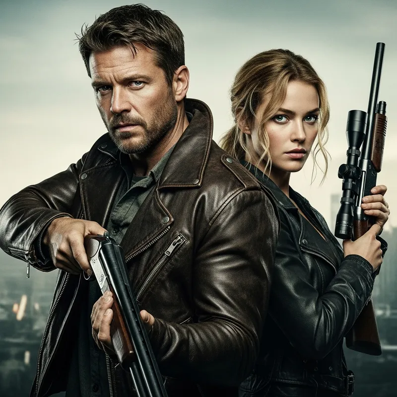 Post-Apocalyptic Man in Leather Jacket with Shotgun & Sniper Beauty
