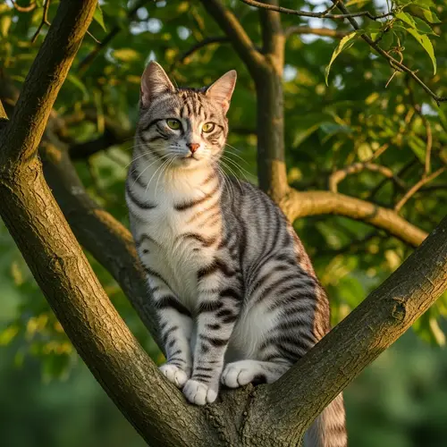 Striped Husky Cat on Tree | Vibrant Coat & Striking Eyes