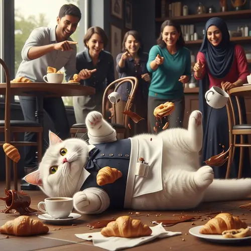 Chubby British Cat Café Waiter Chaos Scene