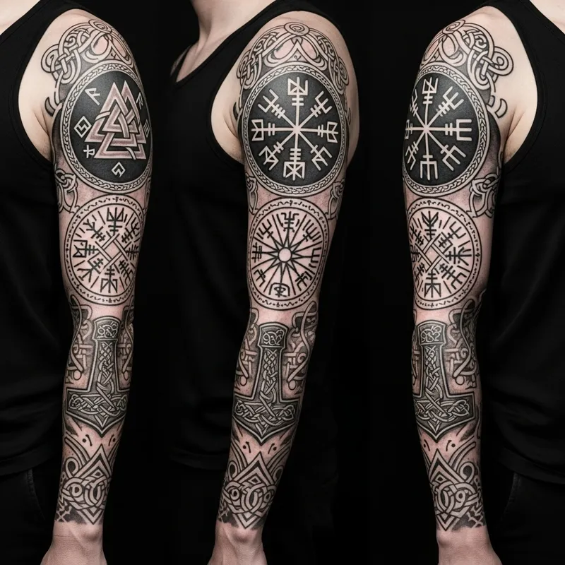 Viking Arm Tattoo Sleeve with Intricate Nordic Designs