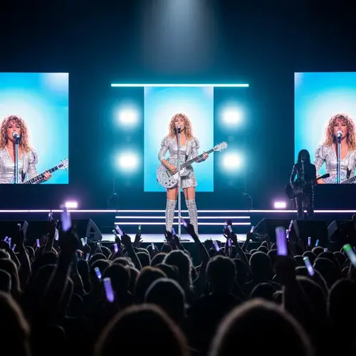 Vibrant Concert Atmosphere with Female Performer Strumming Guitar