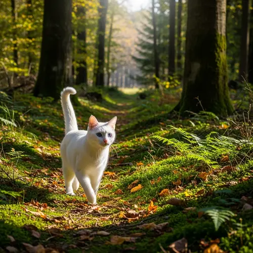 White Cat with Blue Eyes Walking in Forest