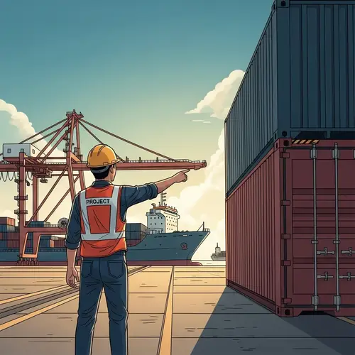 Indonesian Worker Pointing at Container | Port Scene Illustration