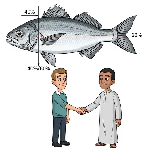 Detailed Fish Drawing with Cartoon Men Holding Hands