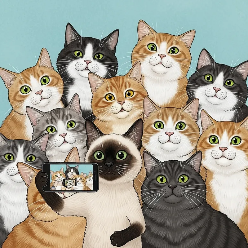 Cute Cat Selfie - Feline Social Gathering Moment Cute Cat Selfie - Feline Social Gathering Moment