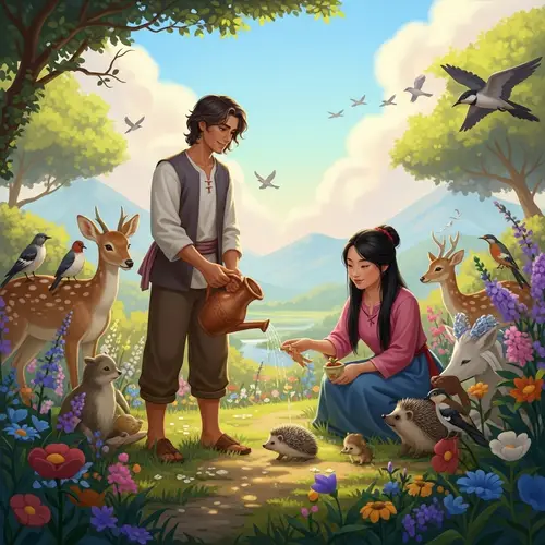 Lush Garden Scene with Young Couple in Paradise