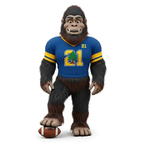 Friendly Sasquatch High School Mascot with Number 21 Jersey